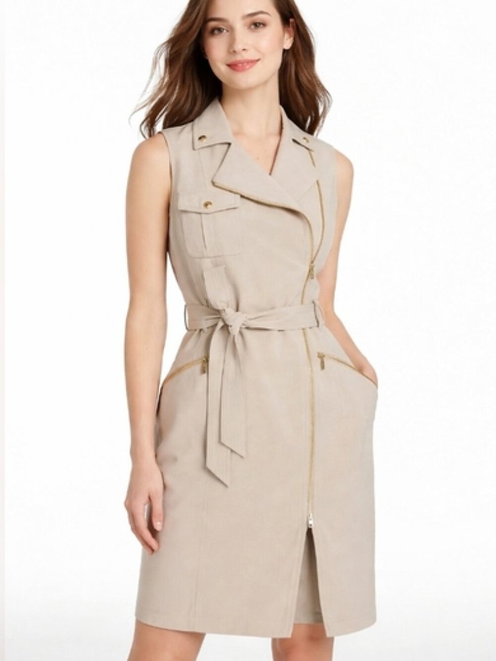 Calvin Klein Grayish Khaki Moto-Style Sheath Dress With Belt And Zipper Details